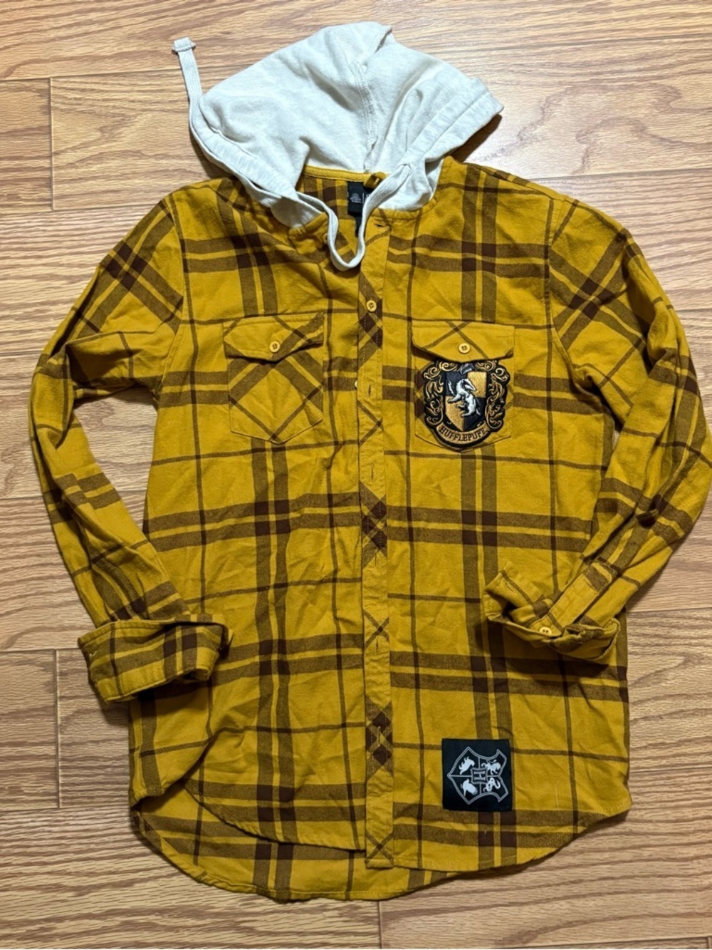 Harry Potter Box Lunch Plaid Button Up Hooded Hufflepuff Shirt XXS